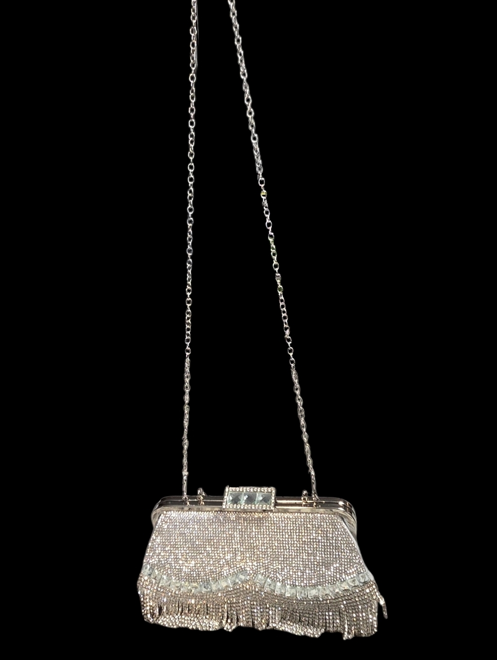 Silver Crystal Fringe Evening Clutch/Crossbody  Handbag - Picture 2 of 4